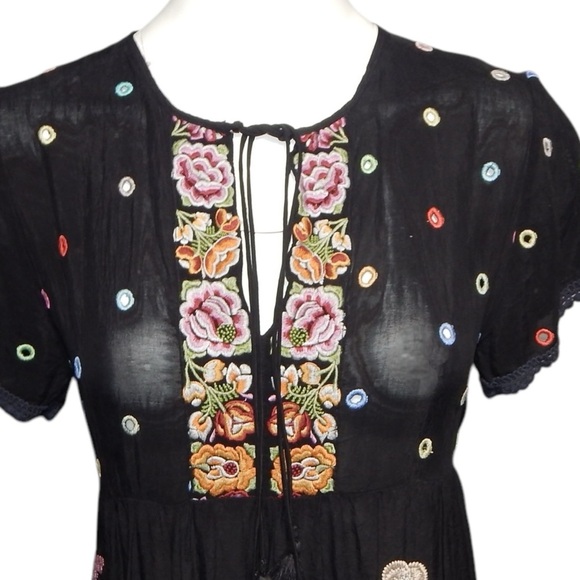 Johnny Was Botanical Midi Dress Embroidered Cupra Rayon Size XS Black Tiered - Picture 3 of 9